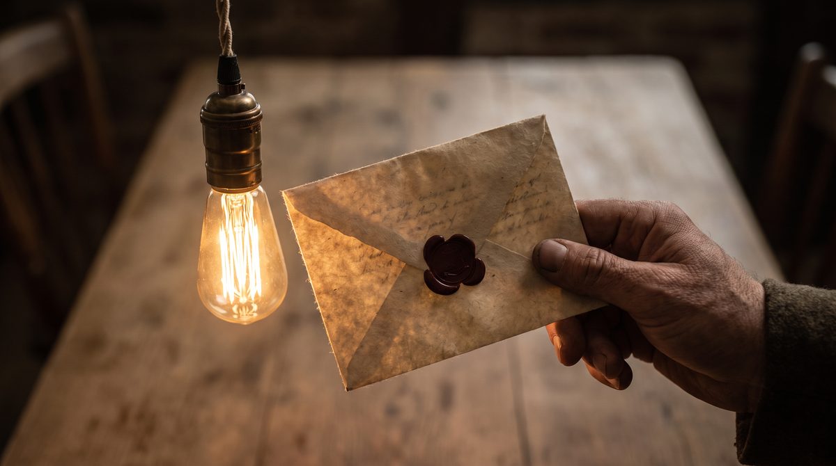 Una busta sigillata con ceralacca tenuta in controluce contro una lampadina nuda, con la scrittura interna che comincia a trasparire dalla carta
