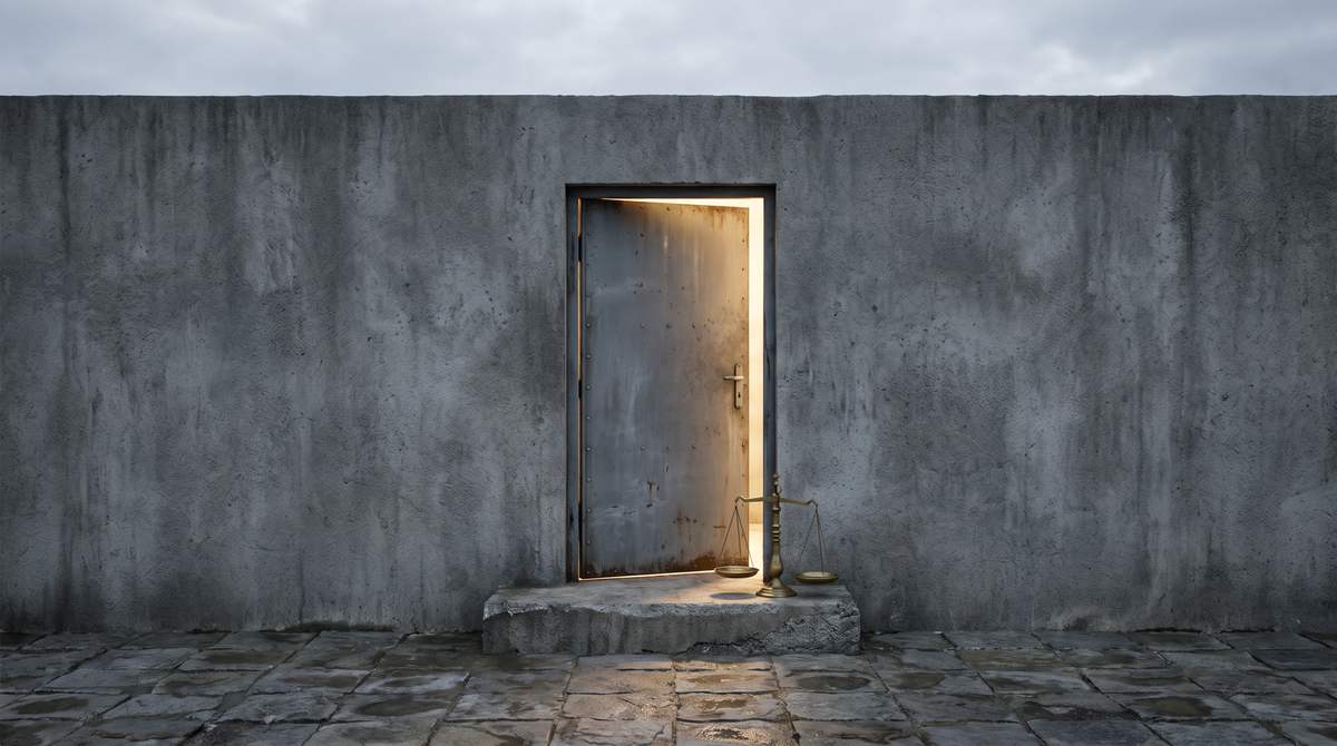Un alto portone d'acciaio socchiuso in un muro di cemento grigio, con la luce del giorno che filtra dallo spiraglio e una bilancia di ottone posata sulla soglia