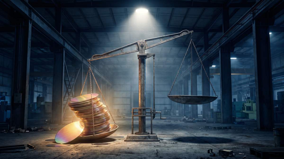 Una gigantesca bilancia industriale in un capannone buio, con un piatto carico fino all'inverosimile di wafer di silicio incandescenti che sprofonda verso il pavimento