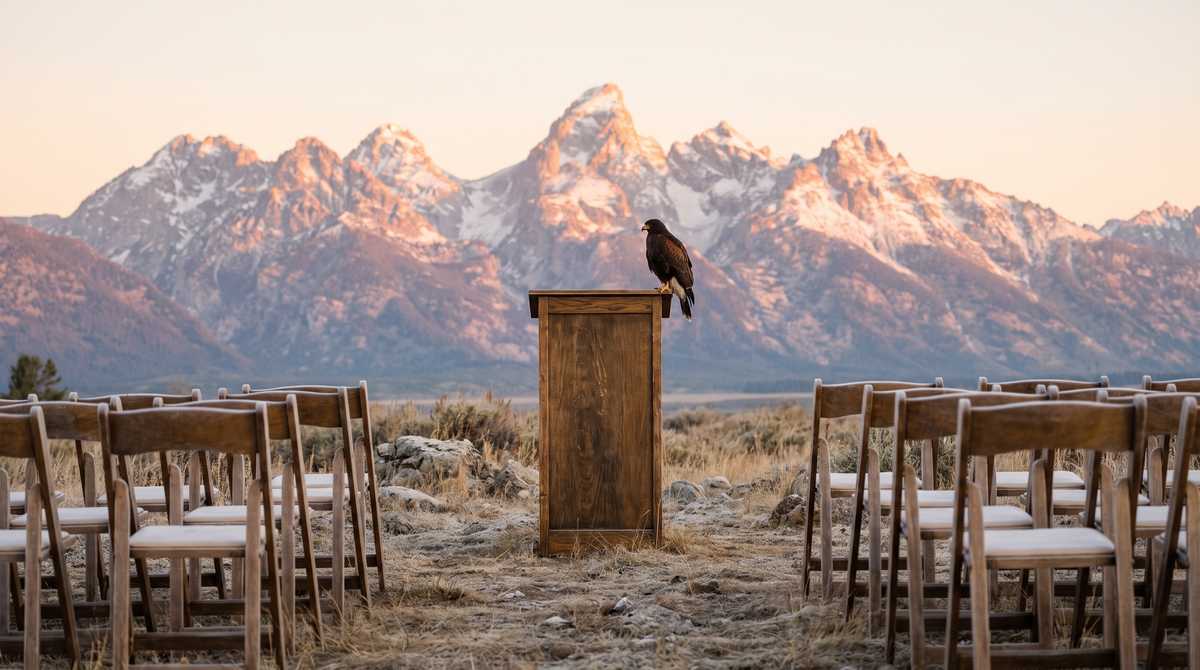 Un leggio di legno all'aperto su un altopiano di montagna all'alba, con un falco appollaiato sull'angolo e file di sedie vuote davanti