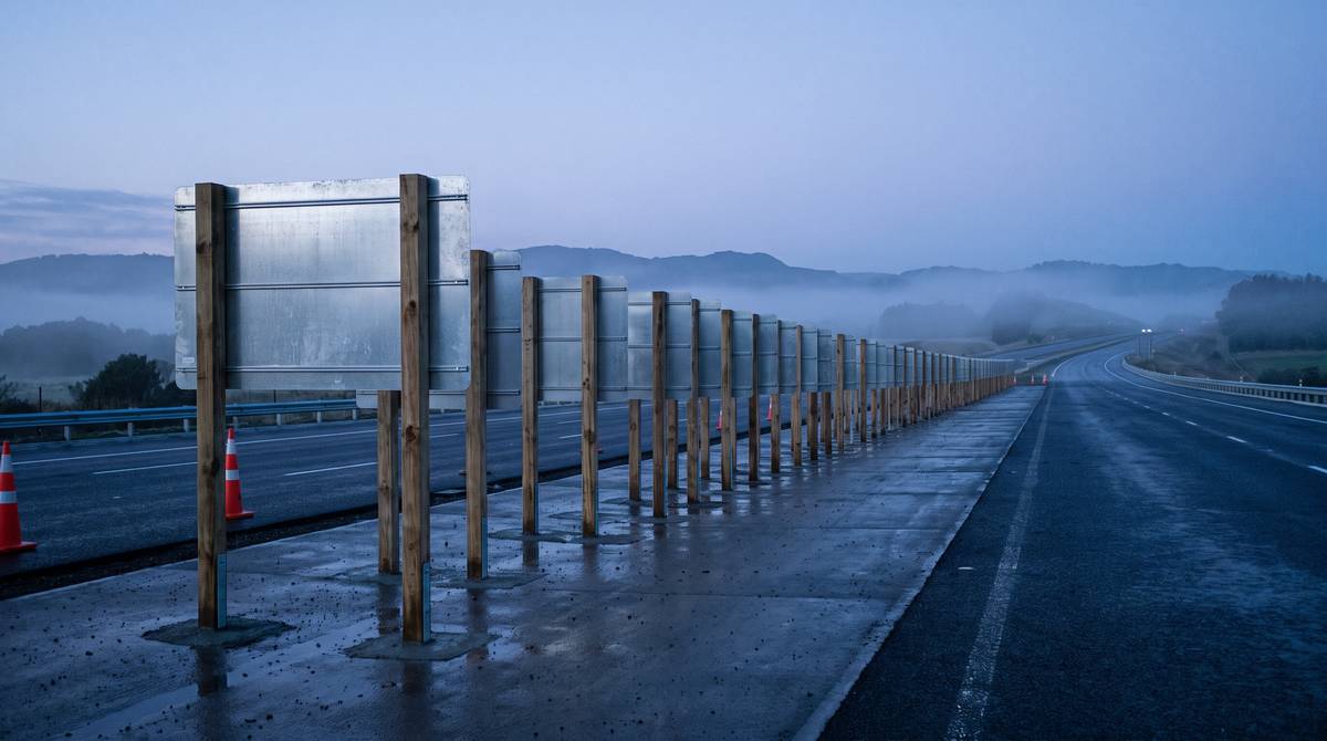 Una fila di cartelli stradali metallici nuovi e completamente vuoti, appena piantati sul ciglio di un'autostrada deserta appena asfaltata all'alba