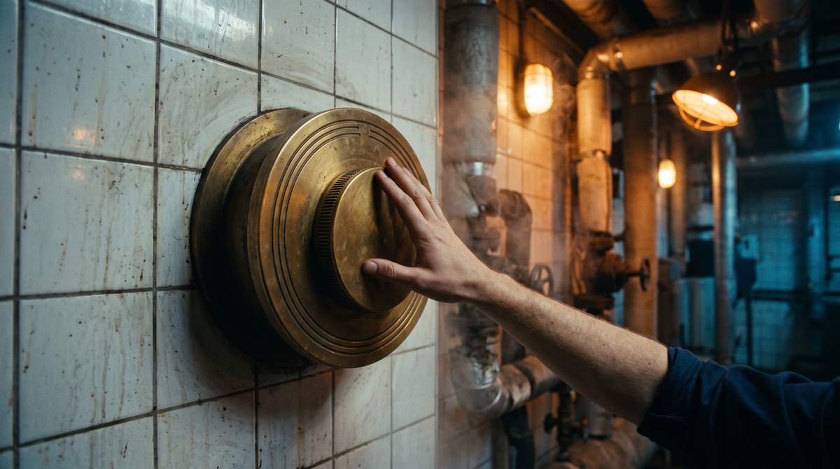 Un'enorme manopola d'ottone da termostato sulla parete piastrellata di una centrale termica, con la mano di un tecnico appoggiata sopra senza girarla
