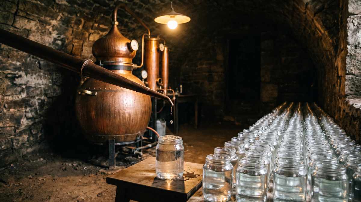 Un alambicco di rame in una cantina in penombra, con il distillato che gocciola in un vaso già pieno, e decine di vasi identici allineati accanto