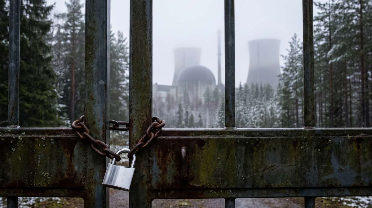 Un cancello industriale chiuso da una catena e un lucchetto d'acciaio nuovo e lucido, con una centrale elettrica visibile dietro nella nebbia del mattino