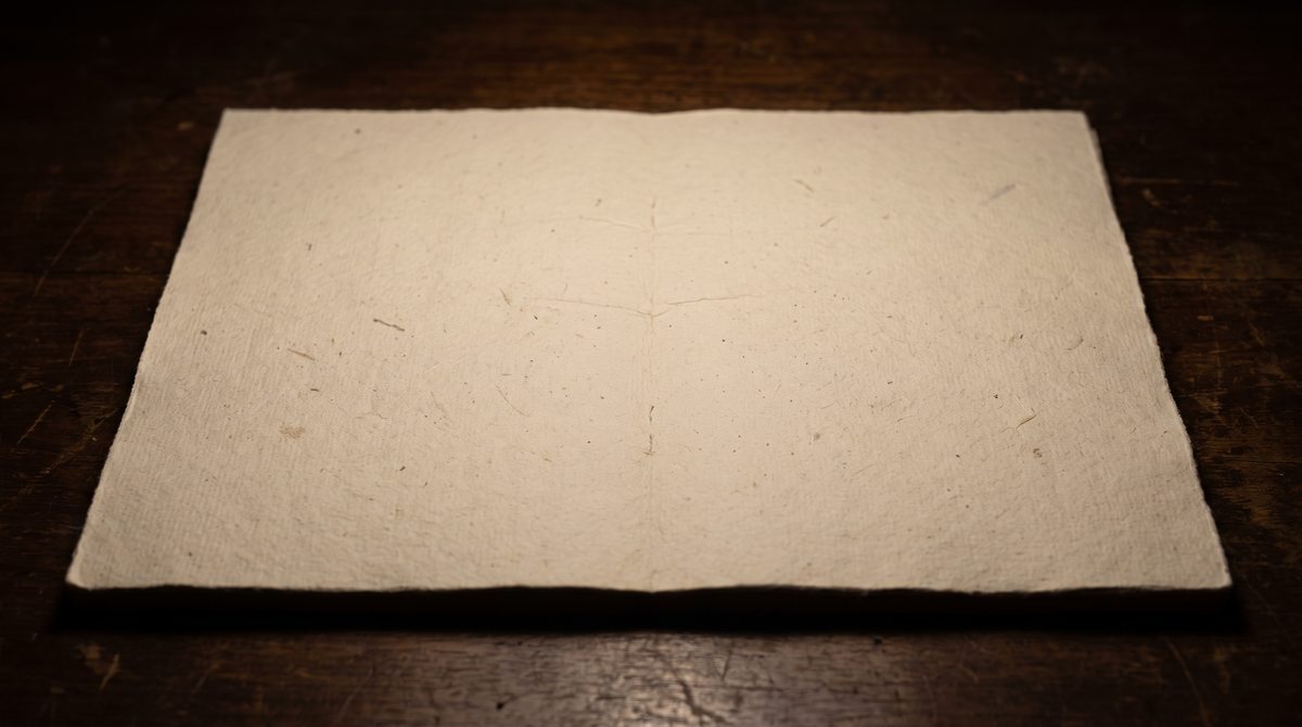 Un foglio di carta spessa piegato a metà e riaperto su un tavolo scuro sotto una luce radente, con la piega centrale ormai quasi invisibile