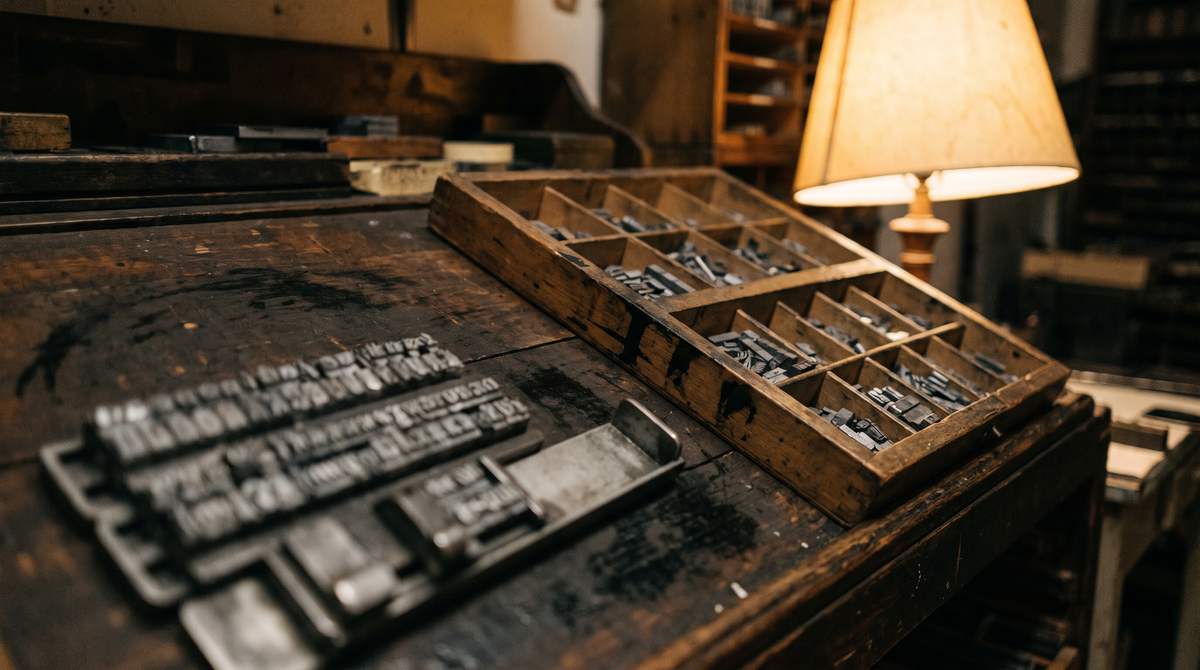 Un compositoio da tipografia su un banco scuro, pieno di caratteri di piombo composti a mano, accanto a una cassa tipografica aperta