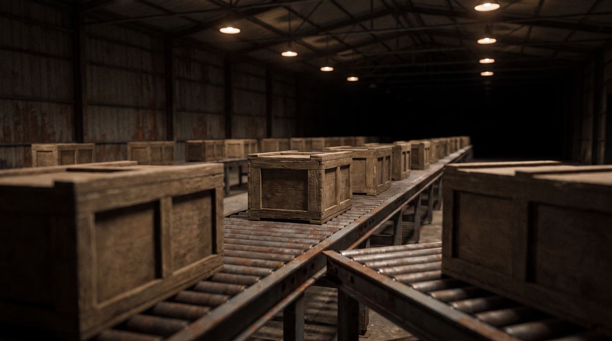 Un nastro trasportatore a rulli d'acciaio che attraversa in diagonale un magazzino immenso e buio, carico da un capo all'altro di casse di legno identiche