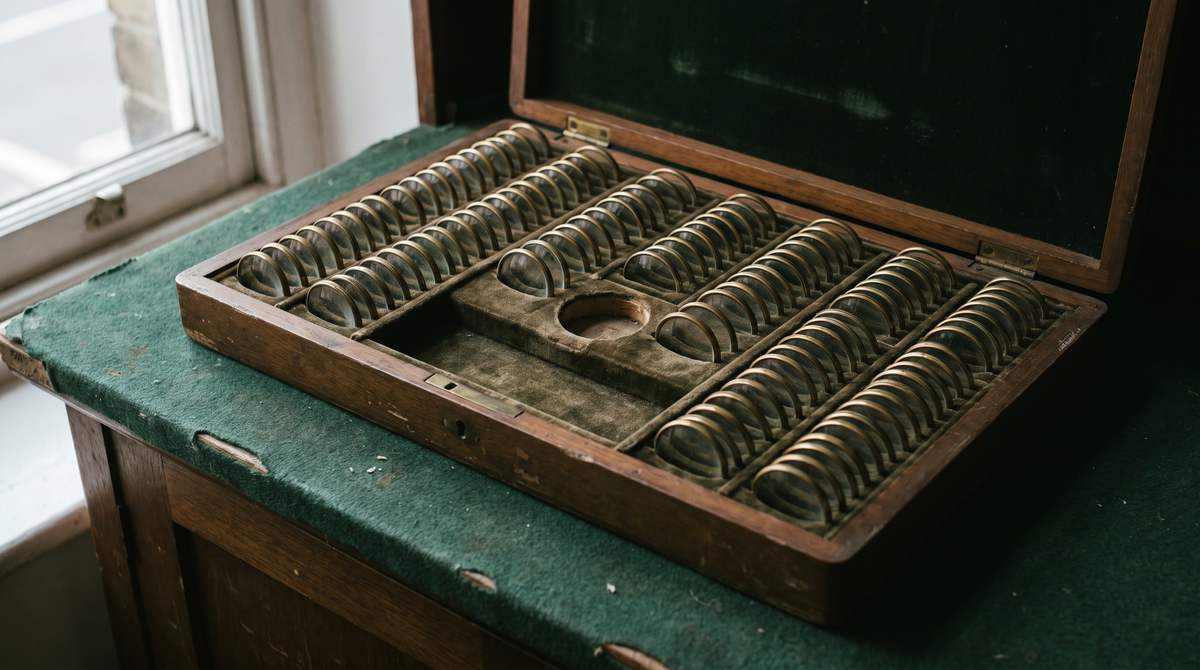 Una cassetta ottica in legno aperta su un banco rivestito di feltro verde, con decine di lenti tonde dai bordi d'ottone allineate negli alloggiamenti e uno spazio vuoto al centro