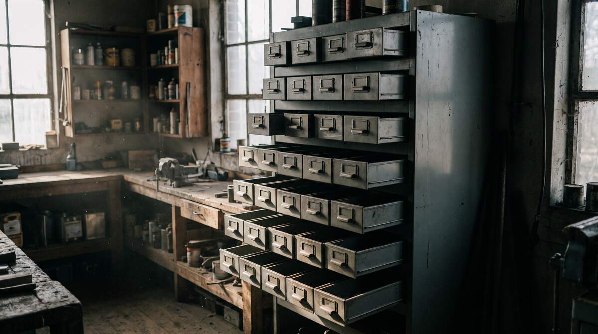 Una cassettiera metallica grigia da ferramenta con tutti e quaranta i cassettini tirati fuori fino in fondo e completamente vuoti, in un'officina chiusa e in penombra