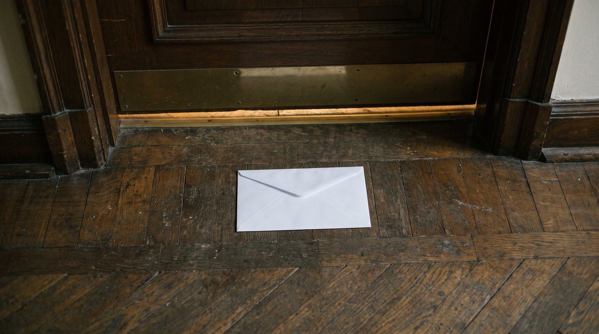 Una busta bianca chiusa sul parquet, appena dentro la soglia di una porta chiusa