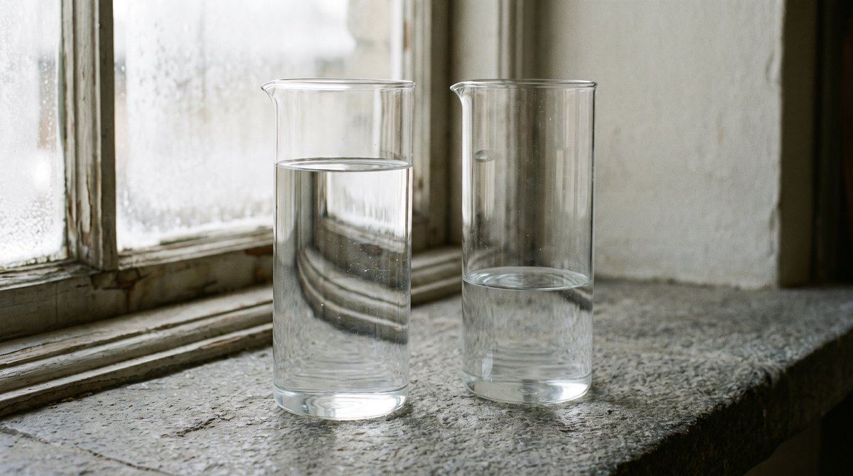 Due caraffe di vetro identiche riempite d'acqua a livelli diversi