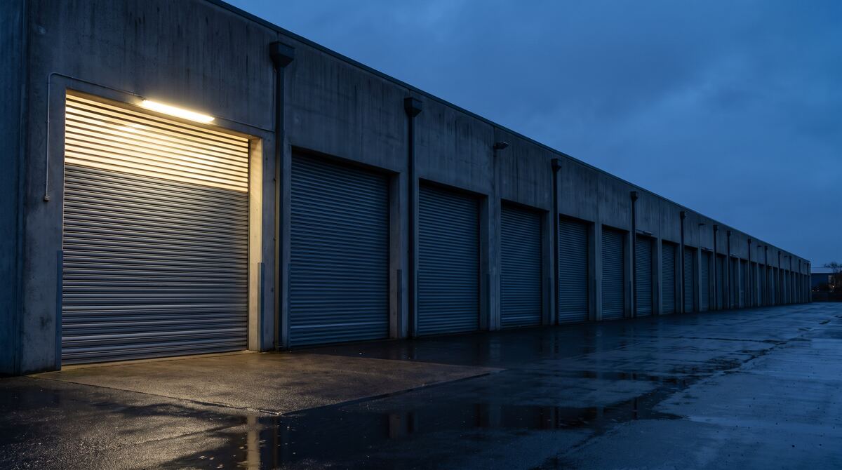 Lunga fila di baie di carico industriali al crepuscolo, con solo la prima illuminata dall'interno