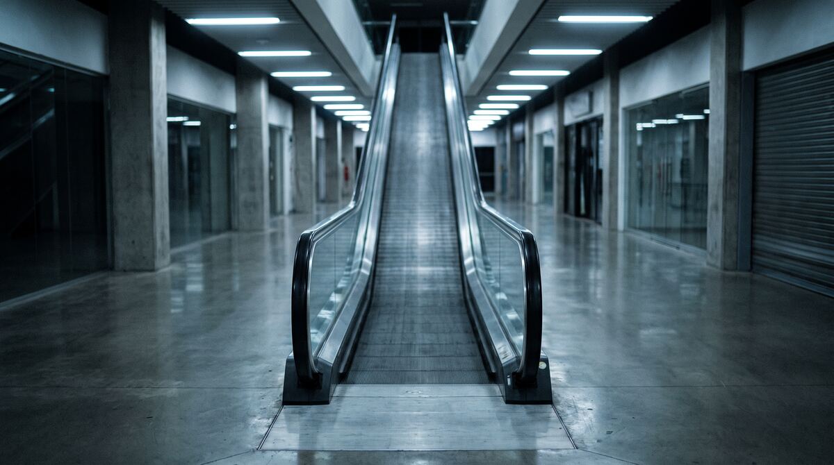 Scala mobile in discesa, ferma, in un centro commerciale deserto di notte