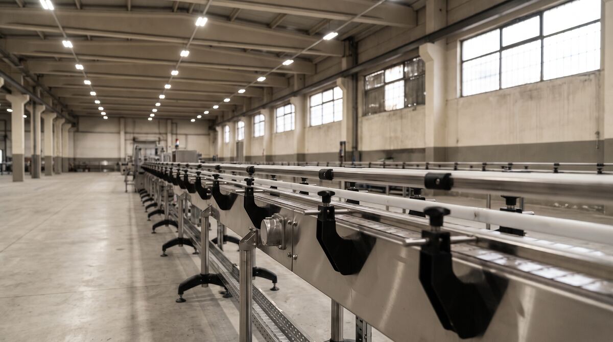 Linea di produzione automatizzata in funzione in un capannone industriale vuoto e immacolato