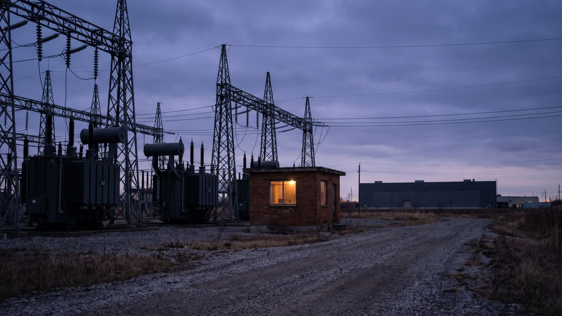 Una sottostazione elettrica al tramonto, con tralicci e trasformatori e una sola luce accesa nella cabina di controllo