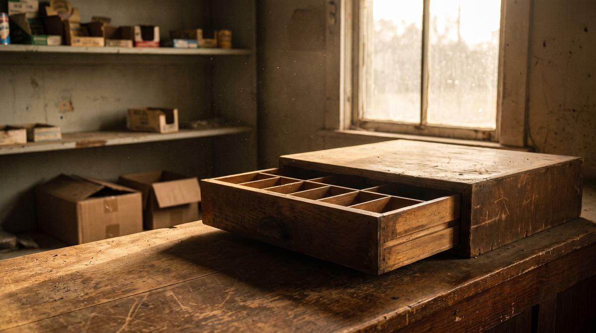 Un cassetto di legno per il denaro completamente vuoto e aperto sul banco di un negozio chiuso, nella luce obliqua del pomeriggio