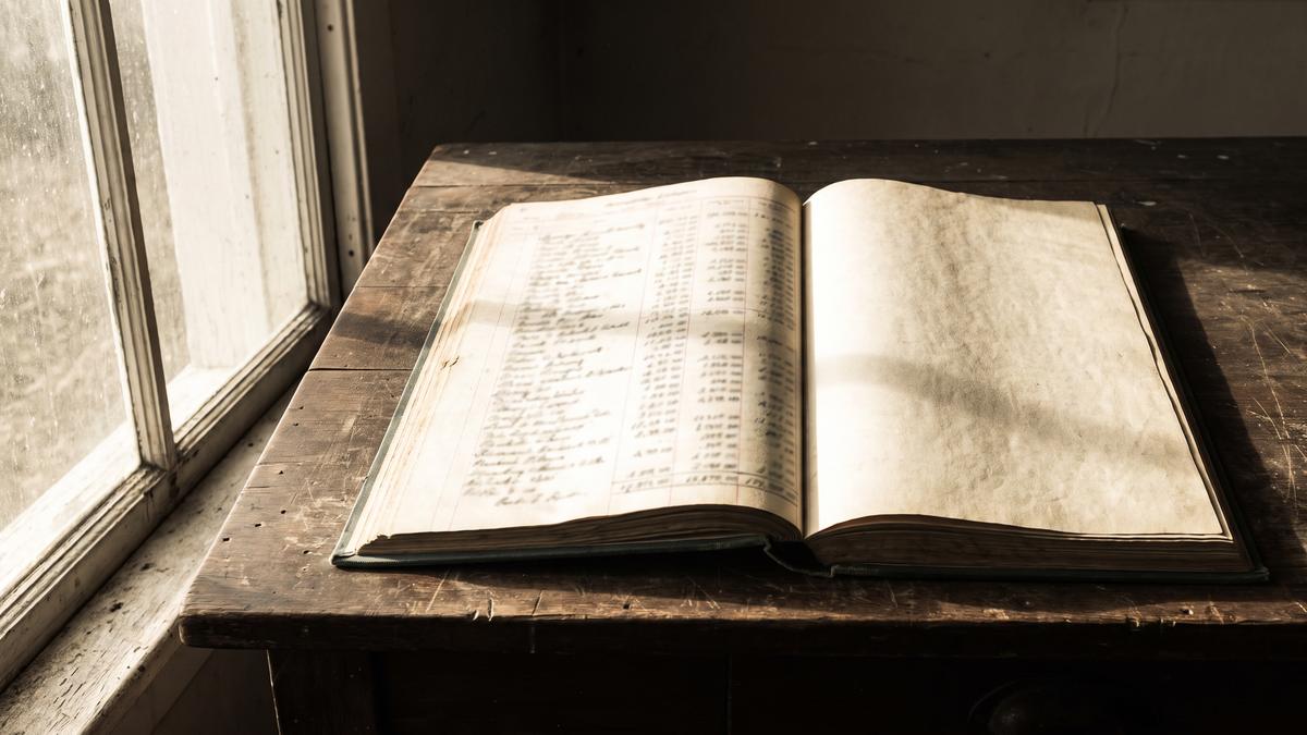 Un libro mastro aperto su un tavolo di legno consumato accanto a una finestra: la pagina di sinistra fitta di righe scritte a mano, quella di destra ancora bianca