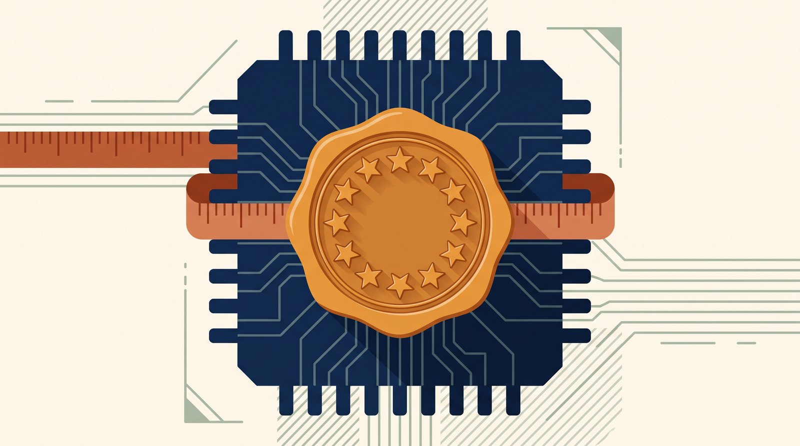 Un sigillo di ceralacca con la corona di stelle europee impresso su un microchip, stretto da un metro da sarto