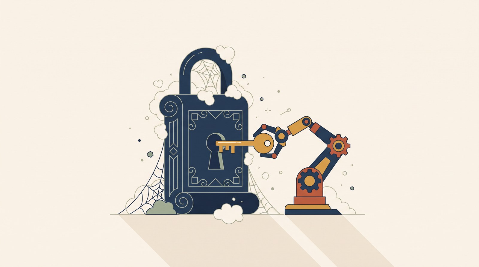 Un lucchetto antico coperto di ragnatele aperto da un braccio robotico con una chiave dorata
