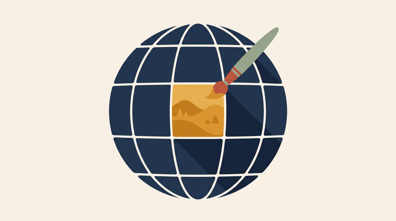 Un mappamondo a griglia in cui un riquadro di territorio viene dipinto da un pennello, inventando un paesaggio che non esiste