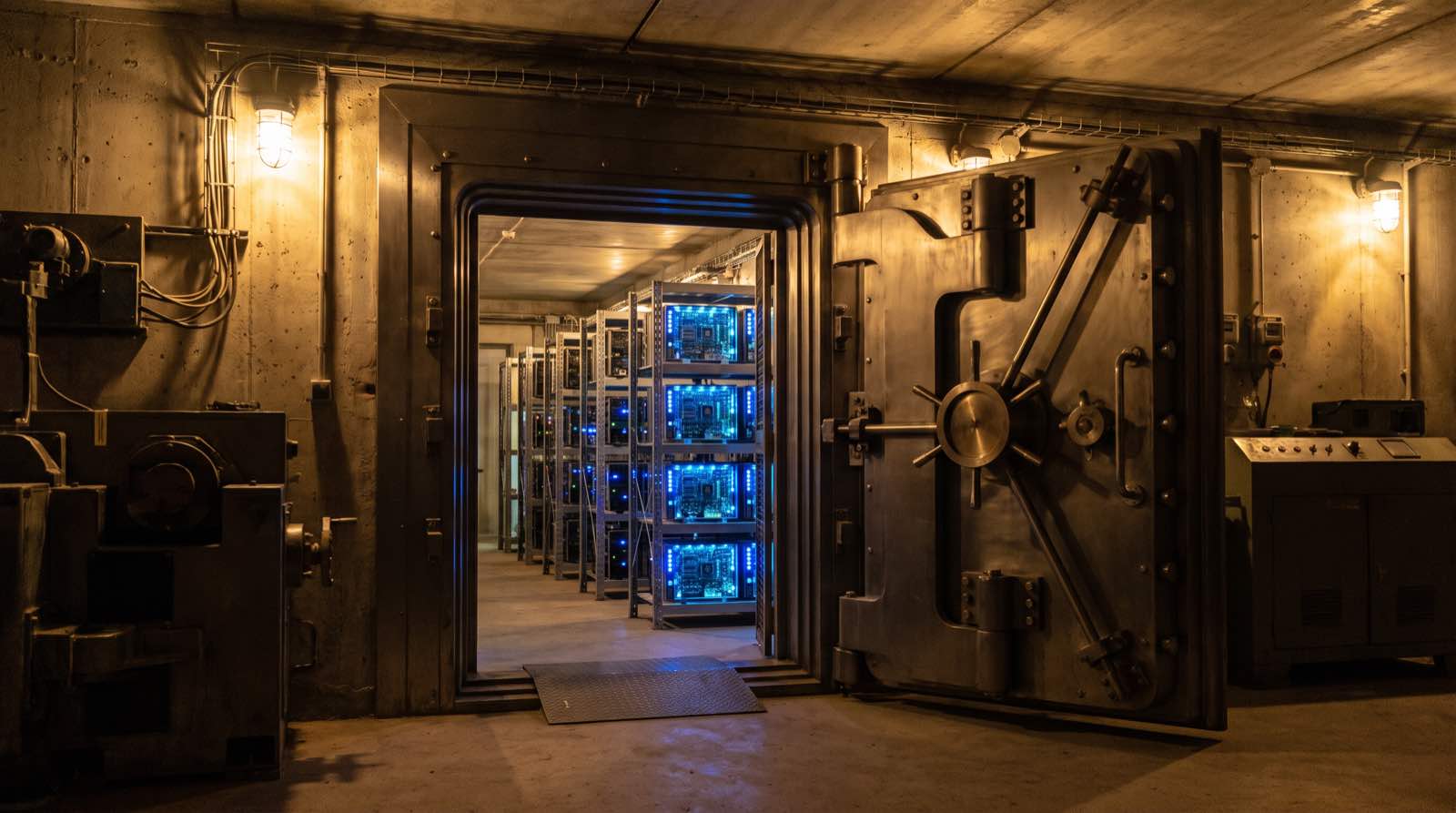 La porta aperta di un caveau da armeria, con rastrelliere illuminate che contengono pannelli di circuiti stampati luminosi al posto delle armi
