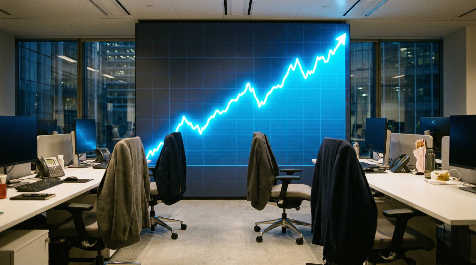Un ufficio moderno di notte: sullo sfondo un grande schermo mostra una linea che sale bruscamente, in primo piano diverse sedie vuote con giacche abbandonate sullo schienale