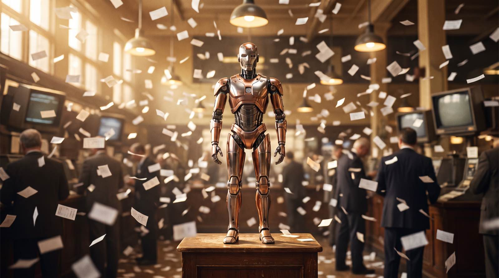 Un robot umanoide immobile su un podio di una sala trading, circondato da una nuvola sfocata di foglietti d'ordine bianchi che volano come coriandoli