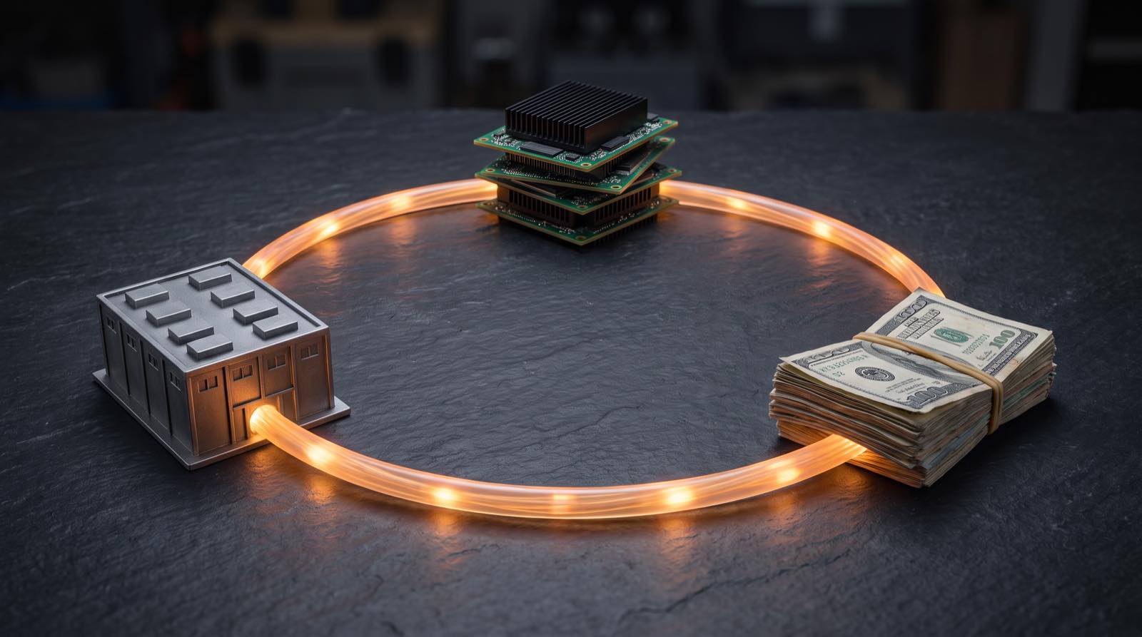 Un cavo luminoso chiude un anello tra un data center, una pila di GPU e un fascio di banconote, a rappresentare il cerchio di garanzie tra Nvidia, SB Energy e OpenAI