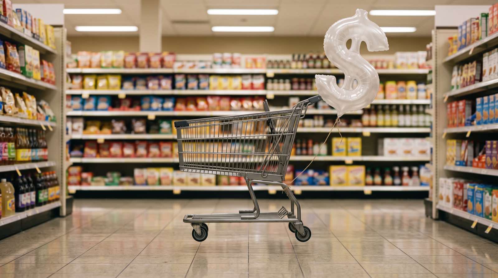 Un carrello della spesa sollevato da un palloncino a forma di simbolo del dollaro in un corridoio di supermercato