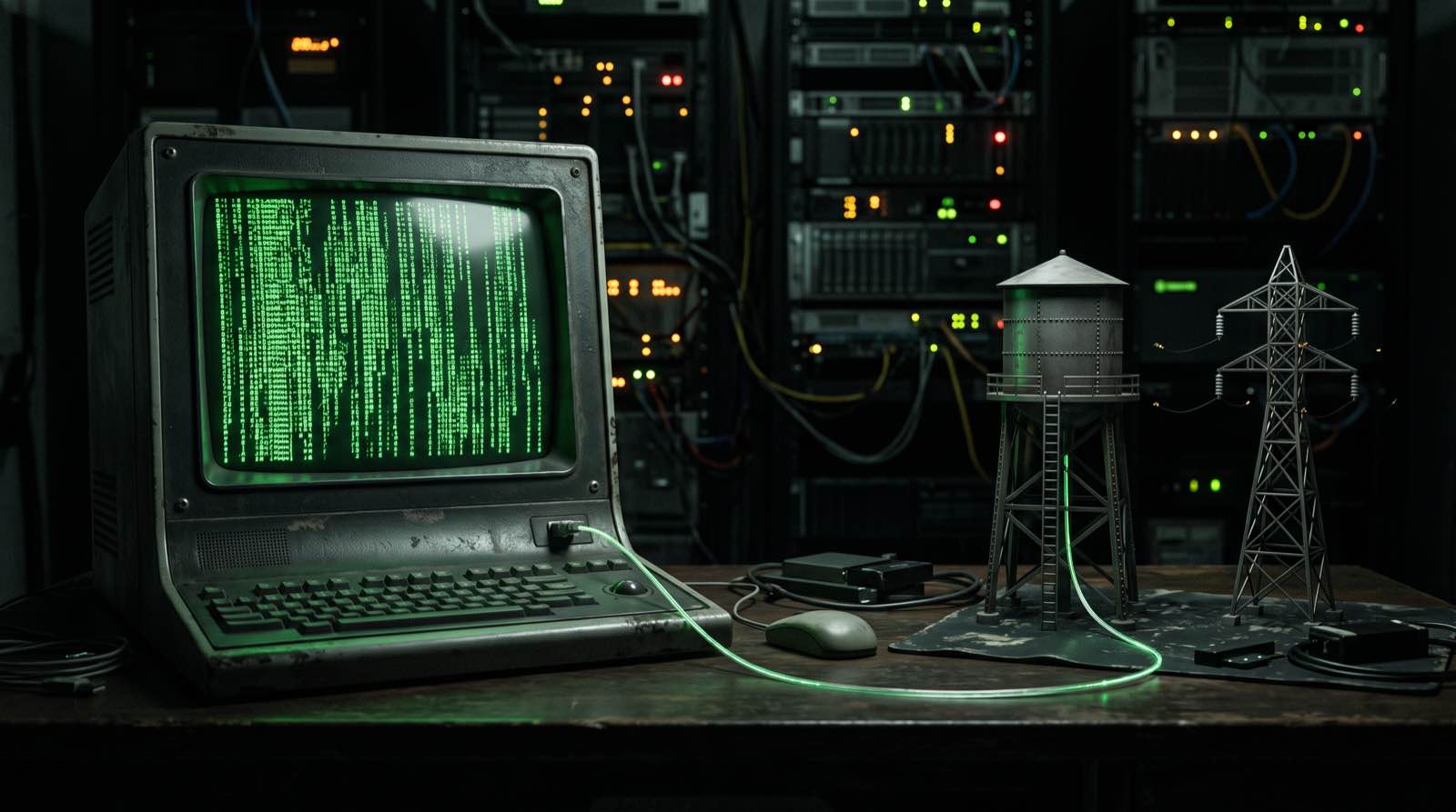 Un terminale con uno script generato dall'AI punta a un controllore industriale collegato a un serbatoio idrico, a un traliccio elettrico e a uno stabilimento