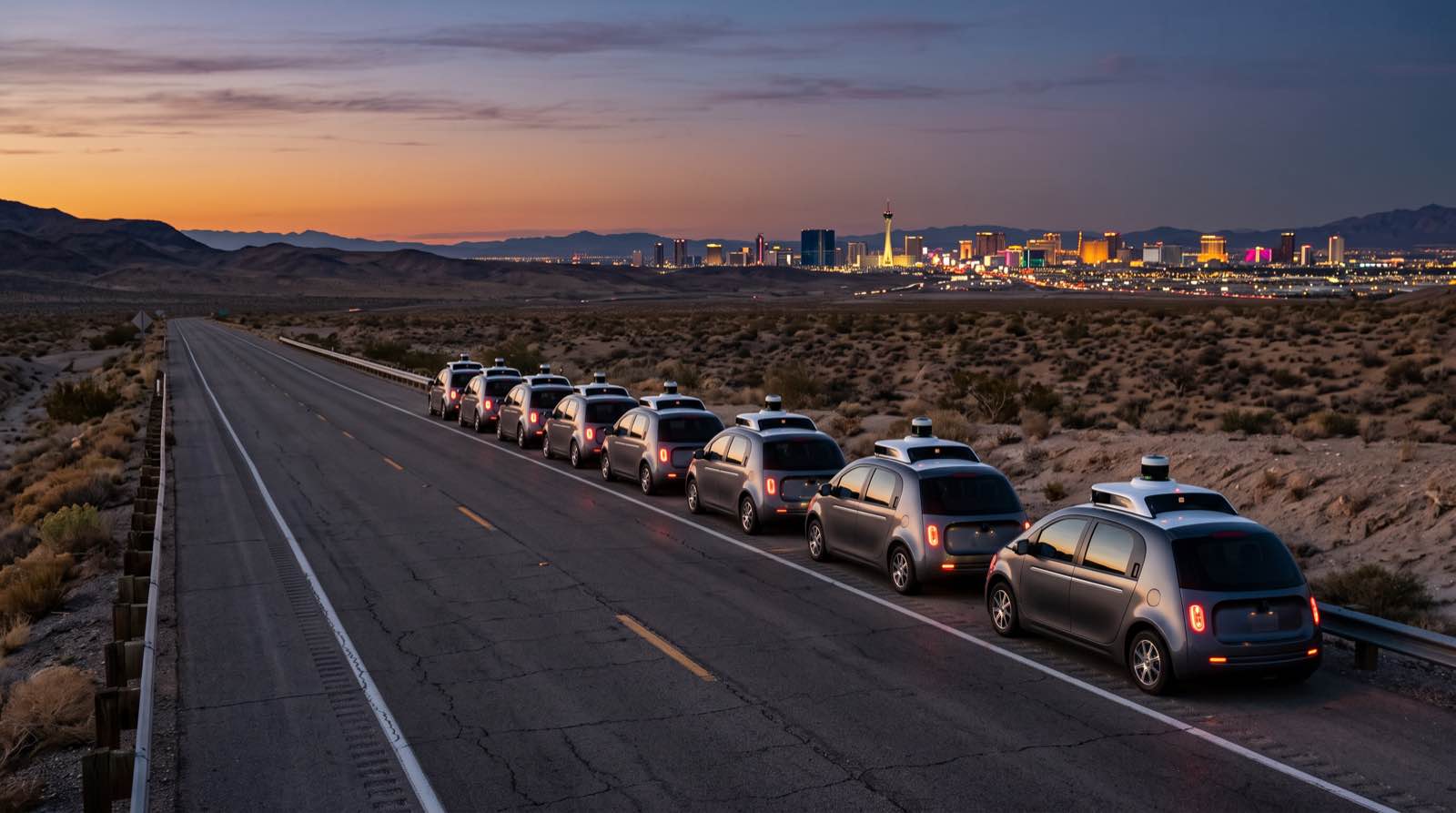 Una fila di robotaxi identici allineati su un'autostrada deserta nel deserto, con lo skyline di Las Vegas illuminato all'orizzonte