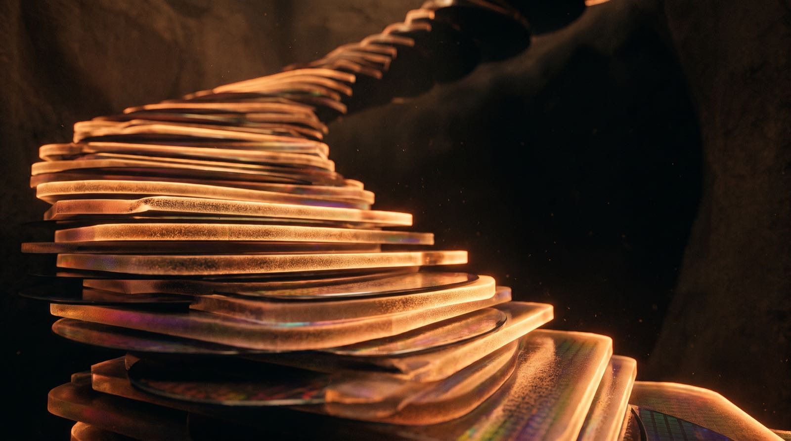 Una scalinata luminosa fatta di wafer di silicio impilati, sempre più ripida, che sale verso il buio
